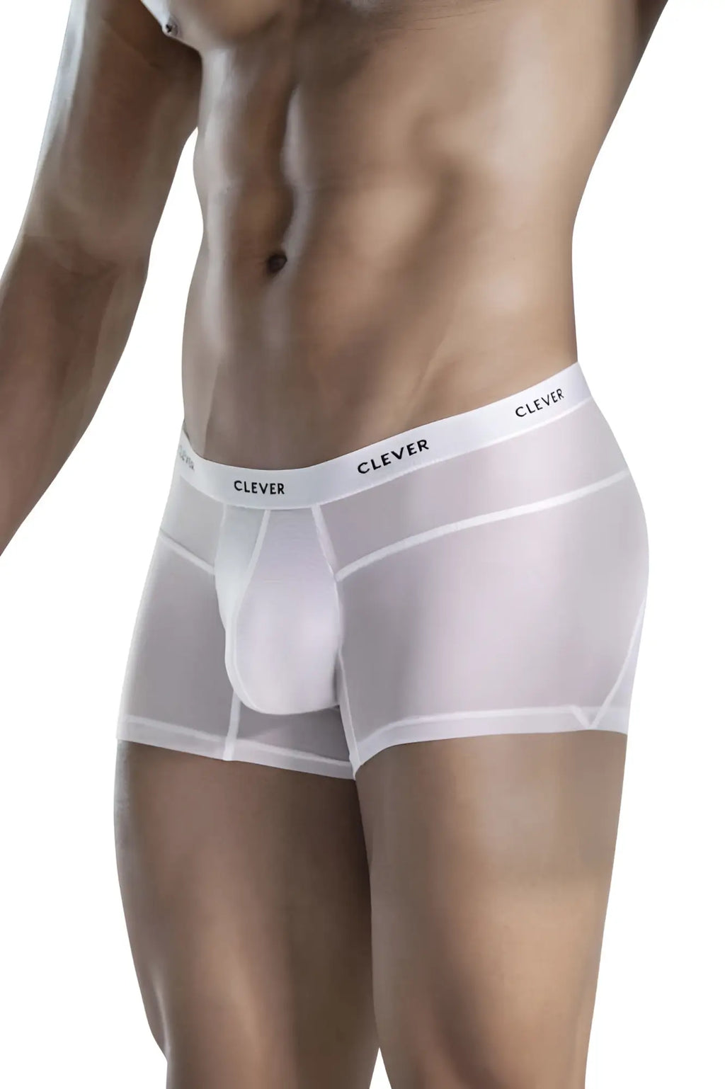 White sheer boxer briefs with supportive pouch and clever branding on waistband from clever 1673 legend trunks