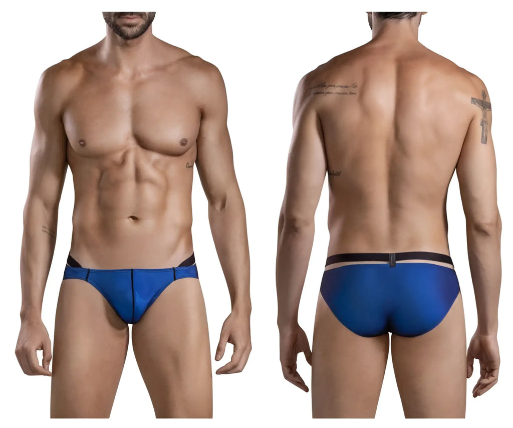 Blue swim trunks clever 1675 eroticism bikini with black trim and central buckle at the waistband
