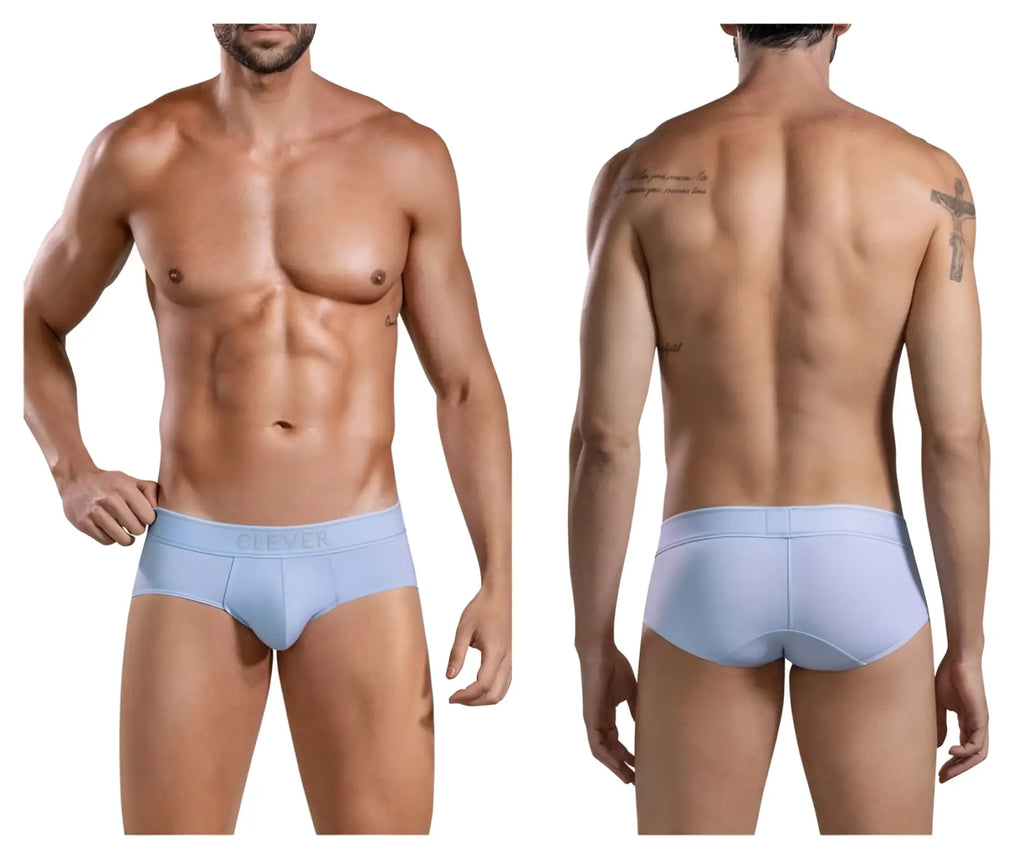 Light blue cotton clever 1683 imagination briefs with subtle logo on waistband front view