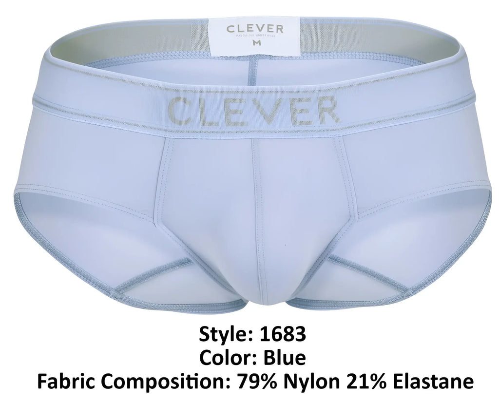 Light blue clever 1683 imagination briefs with subtle gray logo made from 79 nylon and 21 elastane fibers
