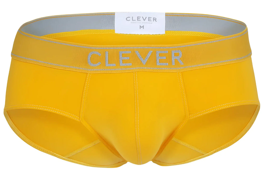 Bright yellow clever 1683 imagination briefs with gray elastic waistband and matching clever logo lettering