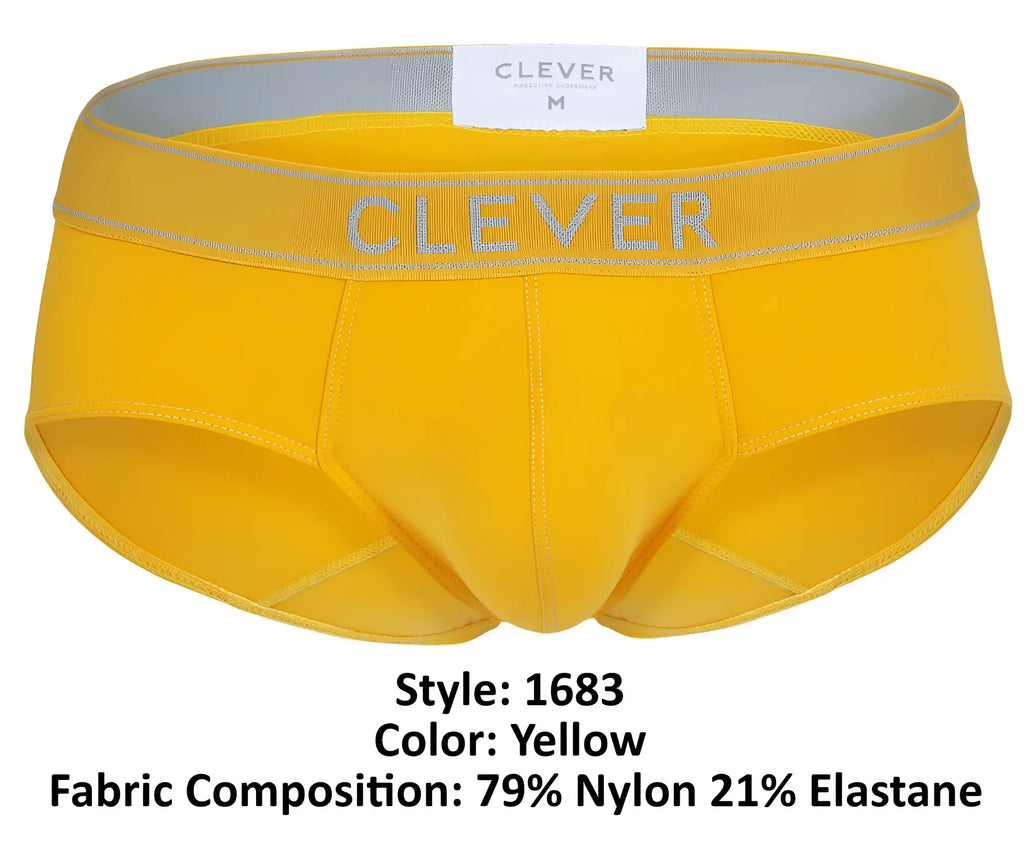 Bright yellow clever 1683 imagination briefs with gray elastic waistband featuring clever branding in gray lettering