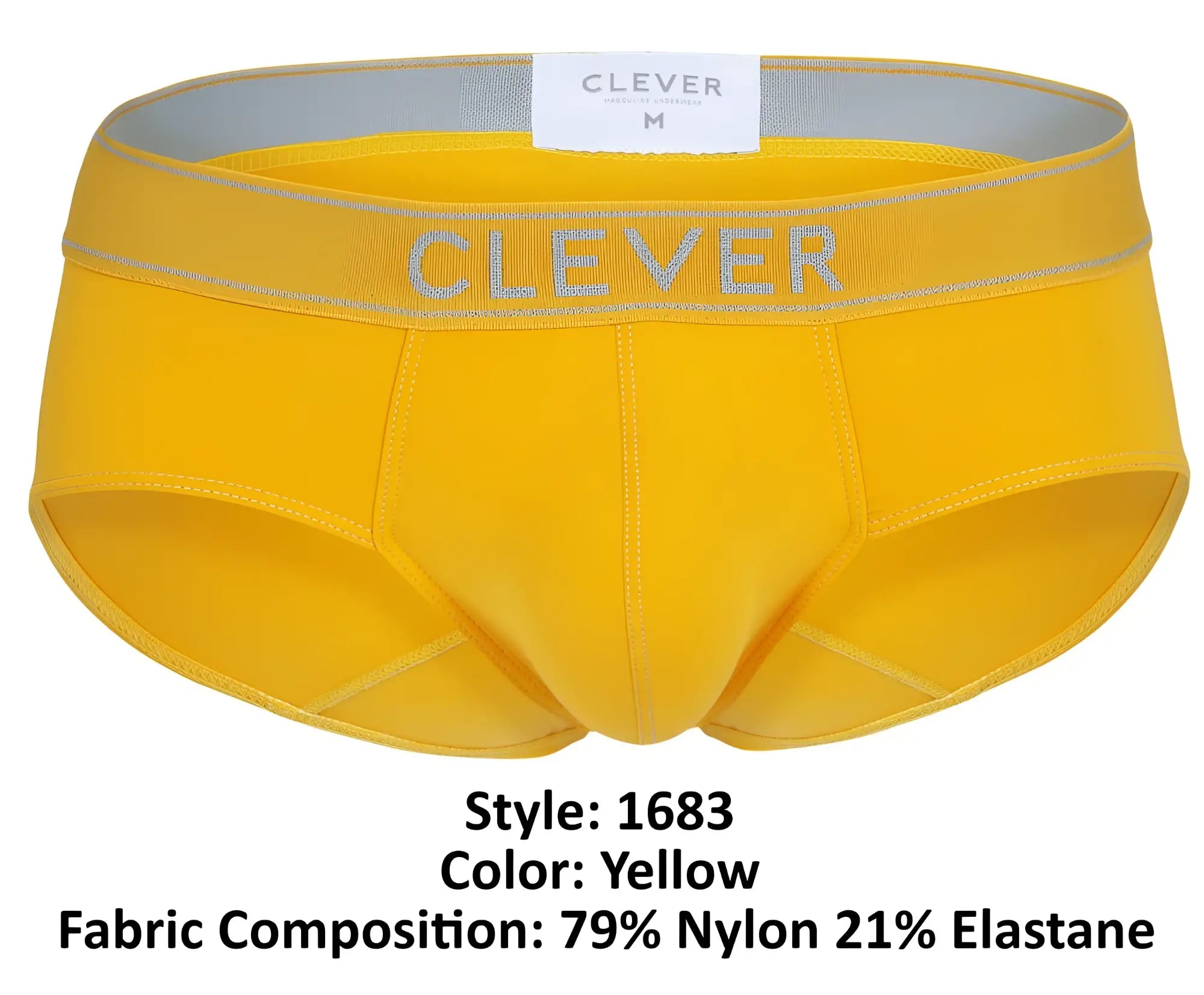 Bright yellow clever 1683 imagination briefs with gray elastic waistband featuring clever branding in gray lettering