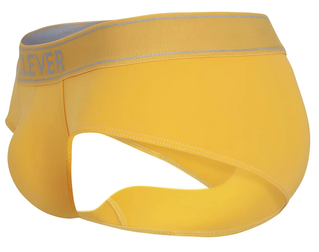 Bright yellow clever 1683 imagination men’s briefs with gray elastic waistband and forever brand lettering