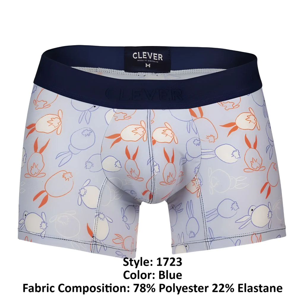 Blue boxer briefs clever 1723 coney trunks featuring playful orange and light blue rabbit outlines on pale fabric with navy waistband