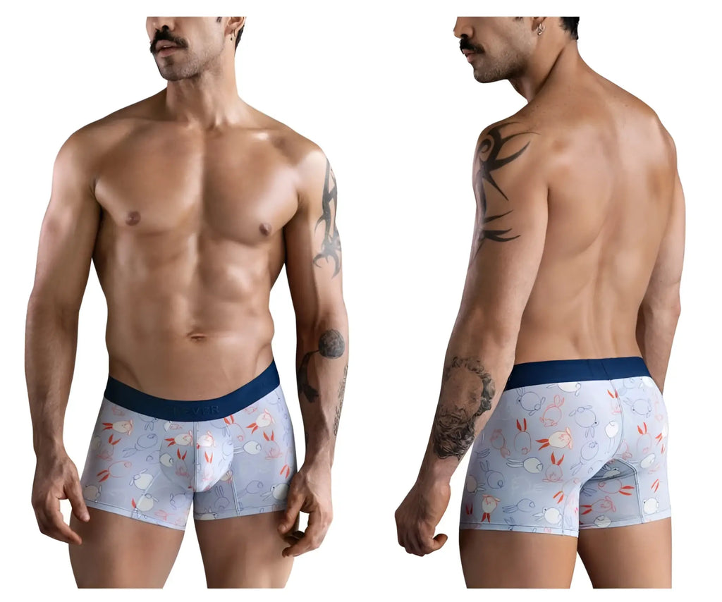 Light blue clever 1723 coney trunks boxer briefs with cartoon rabbits carrots pattern and solid navy waistband