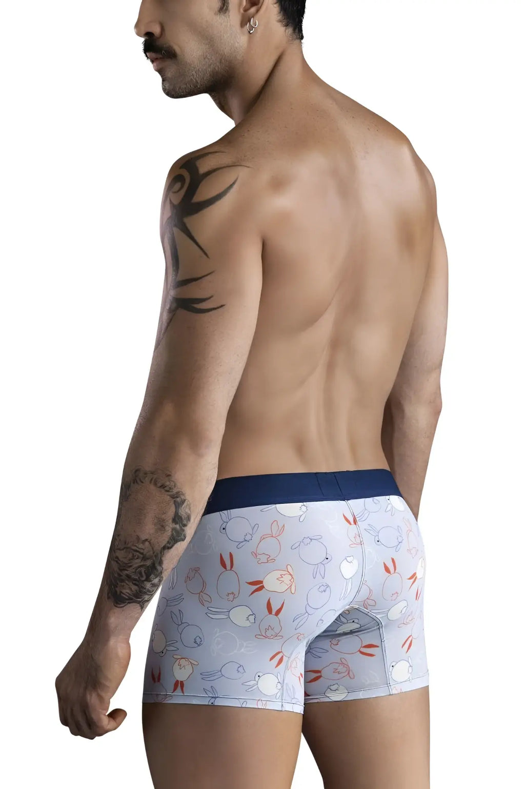 Light blue clever 1723 coney trunks boxer briefs with playful pastel rabbit and bird pattern and navy waistband