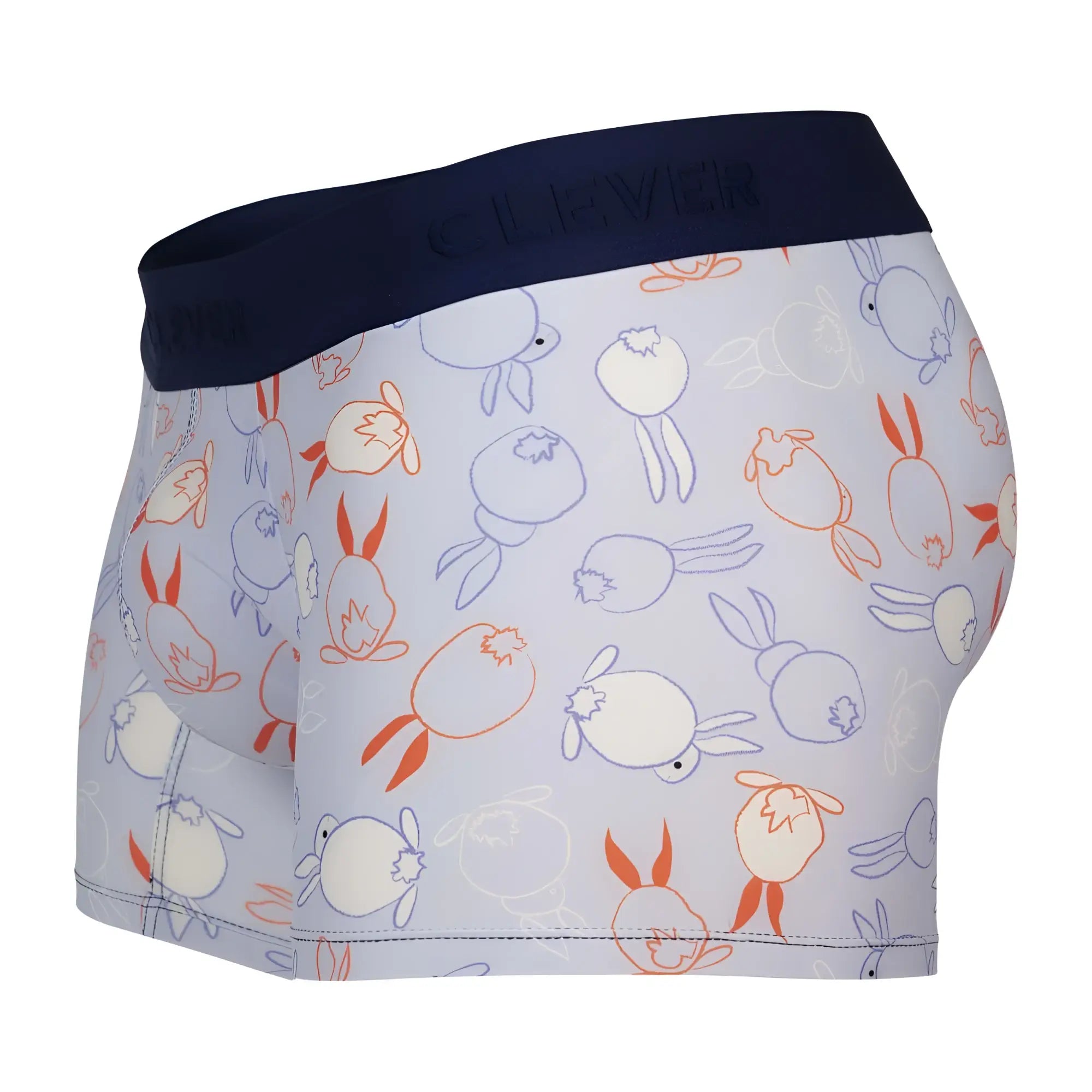 White boxer briefs clever 1723 coney trunks with playful orange cream and blue rabbit pattern and navy waistband