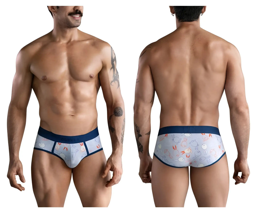 Light blue clever 1724 coney briefs with playful cartoon rabbit pattern and navy blue trim for men