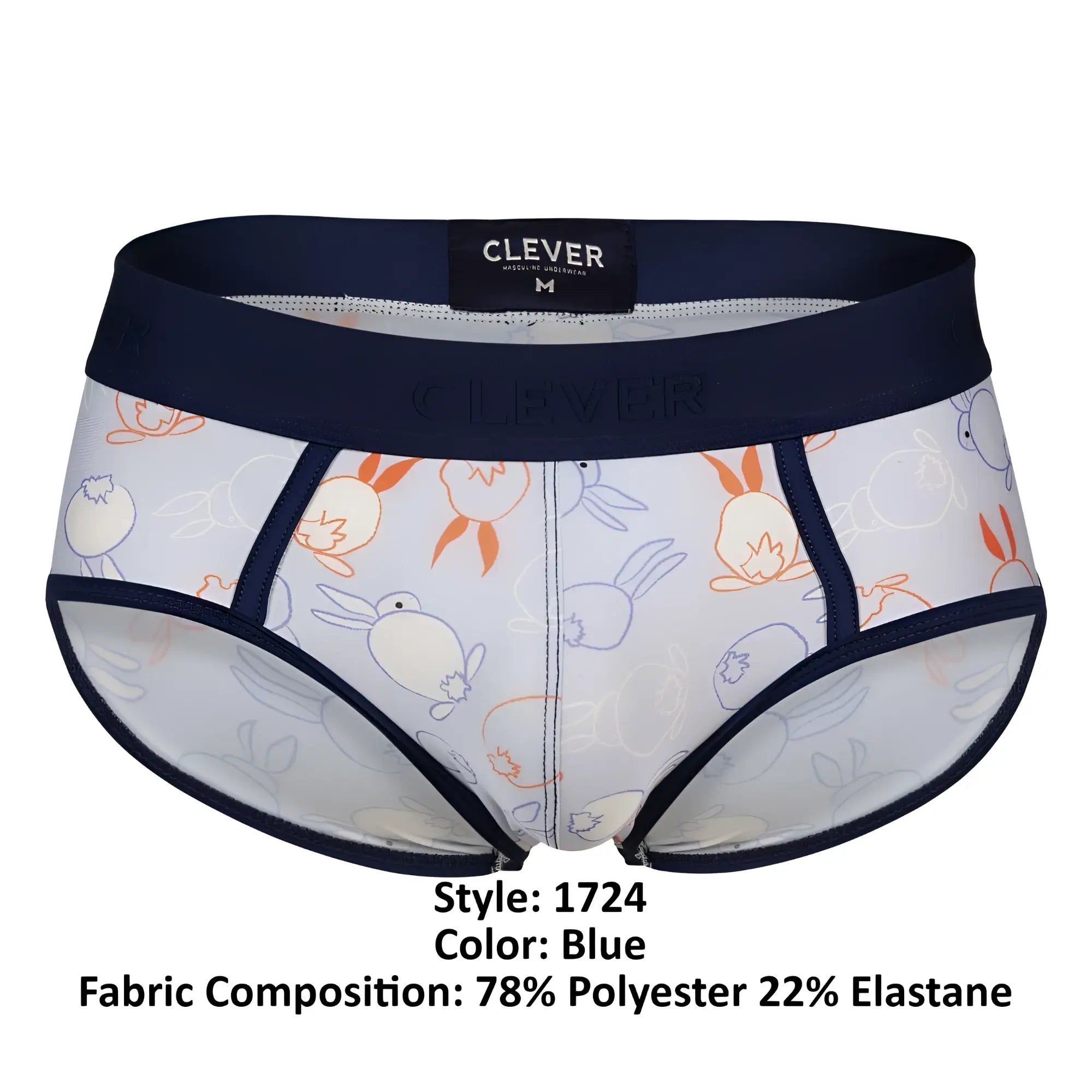 Clever 1724 coney briefs in blue with navy waistband featuring cartoon orange and gray rabbits on light fabric