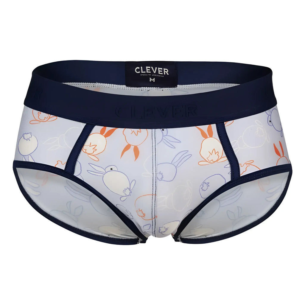 White men’s briefs clever 1724 coney briefs color blue with orange and blue cartoon rabbits and navy trim