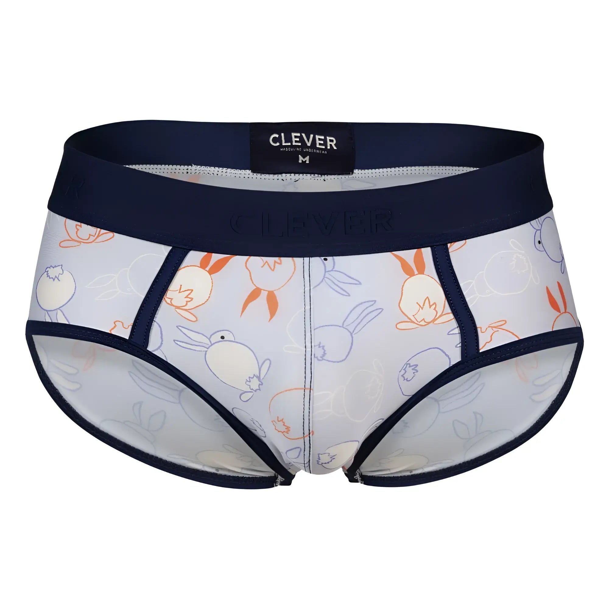 White men’s briefs clever 1724 coney briefs color blue with orange and blue cartoon rabbits and navy trim