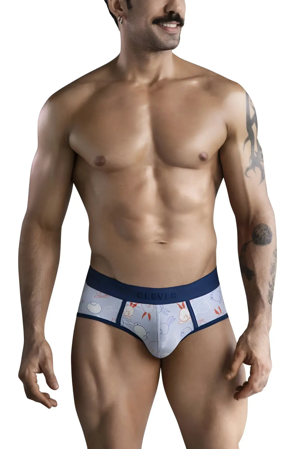 Blue and white patterned boxer briefs with a cartoon bunny design from clever 1724 coney briefs color blue collection