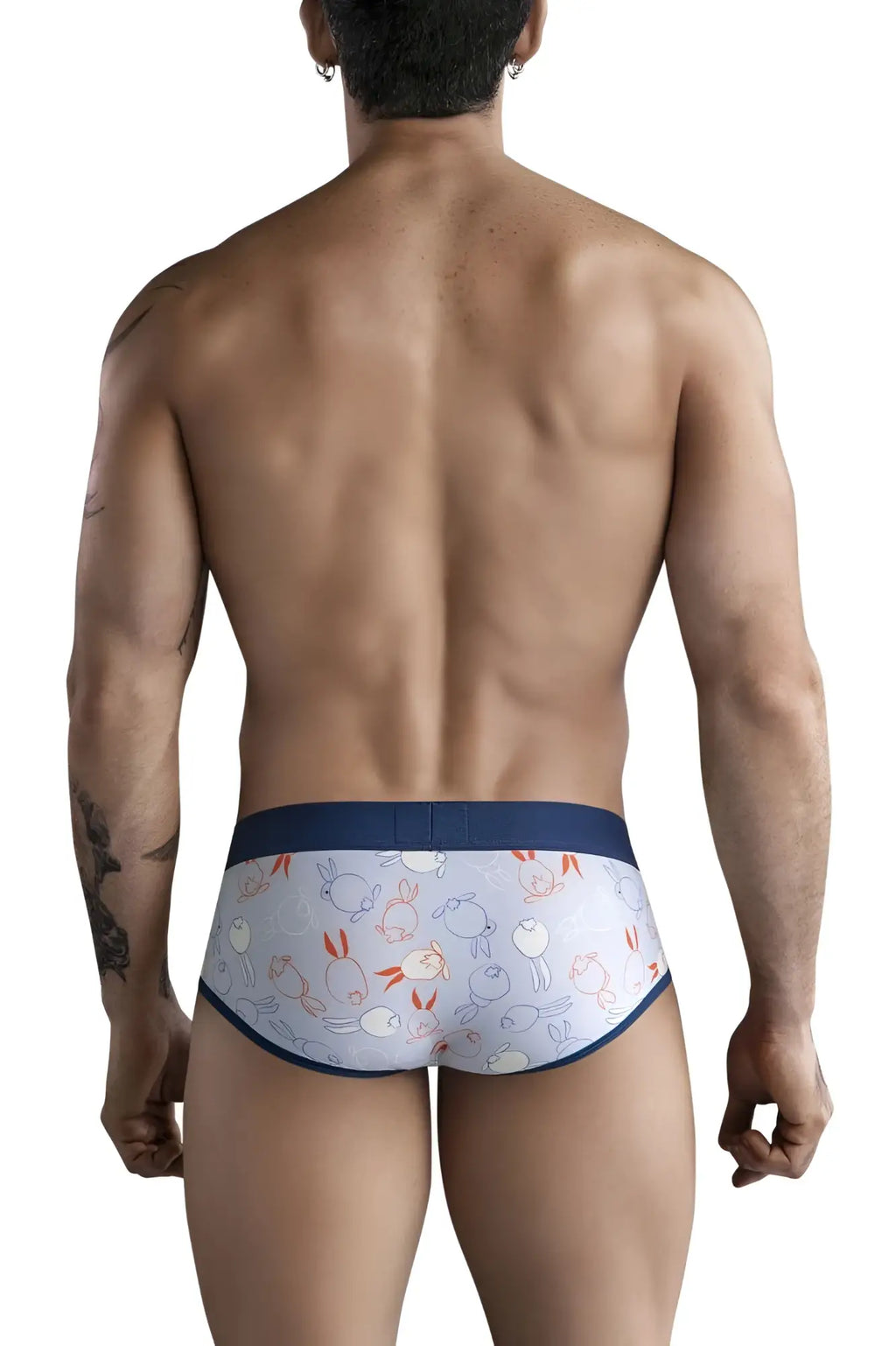 White briefs with playful pastel cartoon rabbits pattern and navy blue trim clever 1724 coney briefs color blue