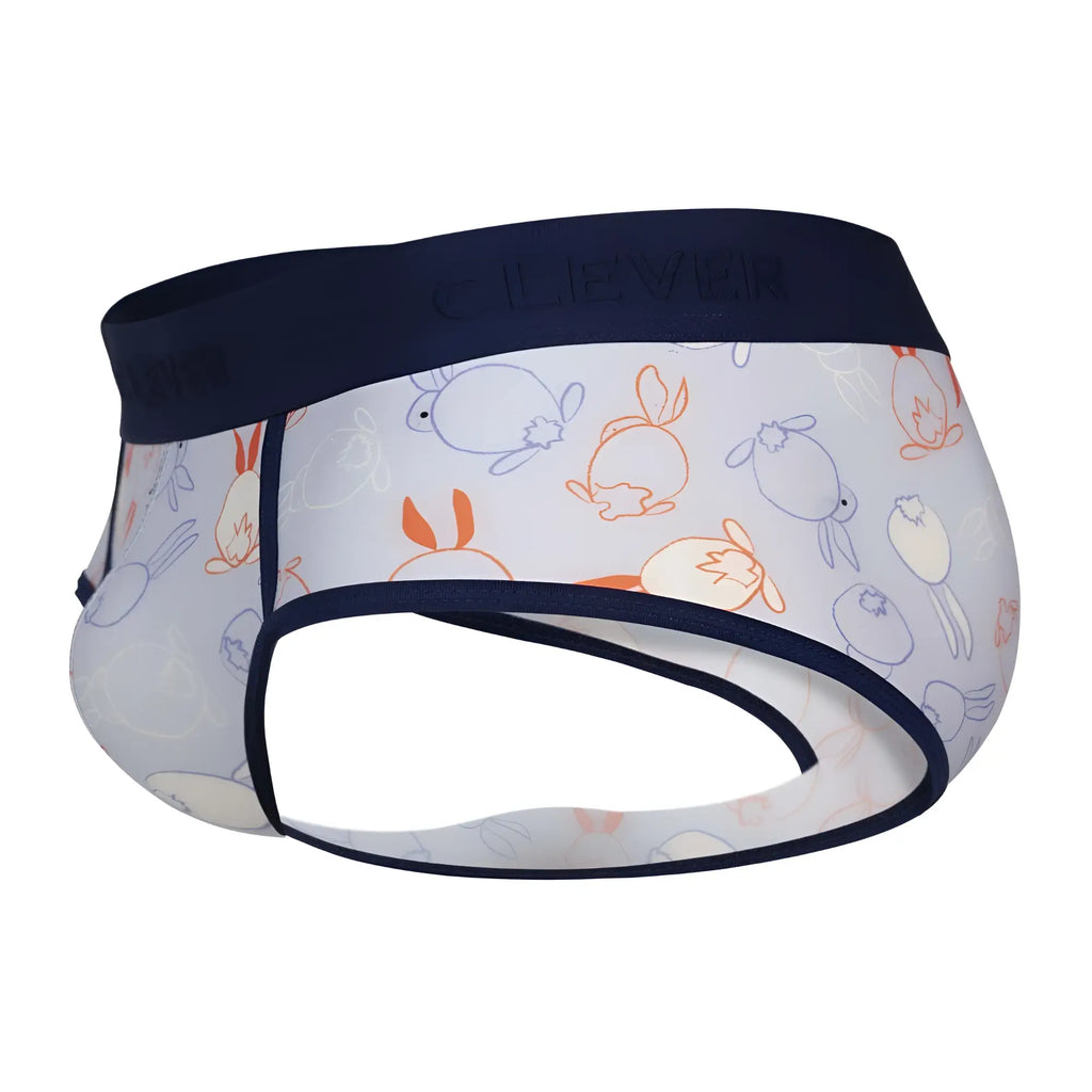 White clever 1724 coney briefs with playful orange blue gray rabbit pattern and navy elastic waistband and trim