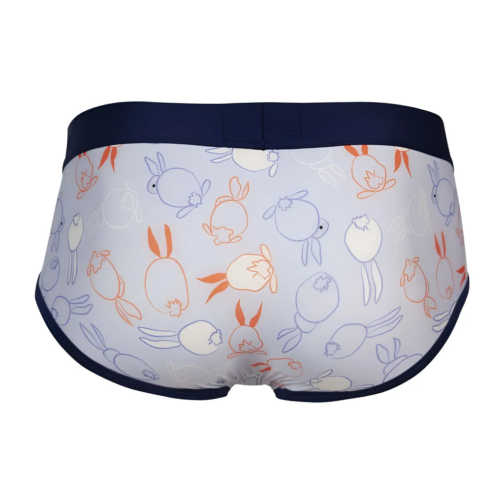 White briefs with blue and orange outlined rabbit pattern and navy blue trim from clever 1724 coney briefs color blue