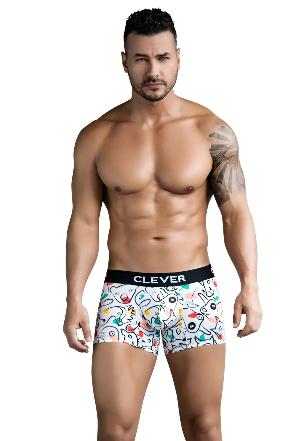 White boxer briefs with colorful abstract cartoon pattern and black waistband featuring clever brand name