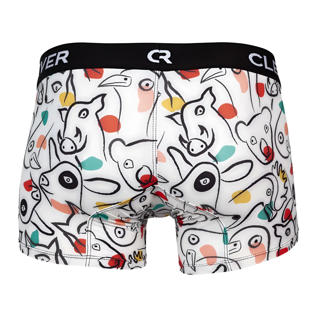 White boxer briefs clever 1725 grange trunks color white with playful cartoon animal print and colorful polka dots