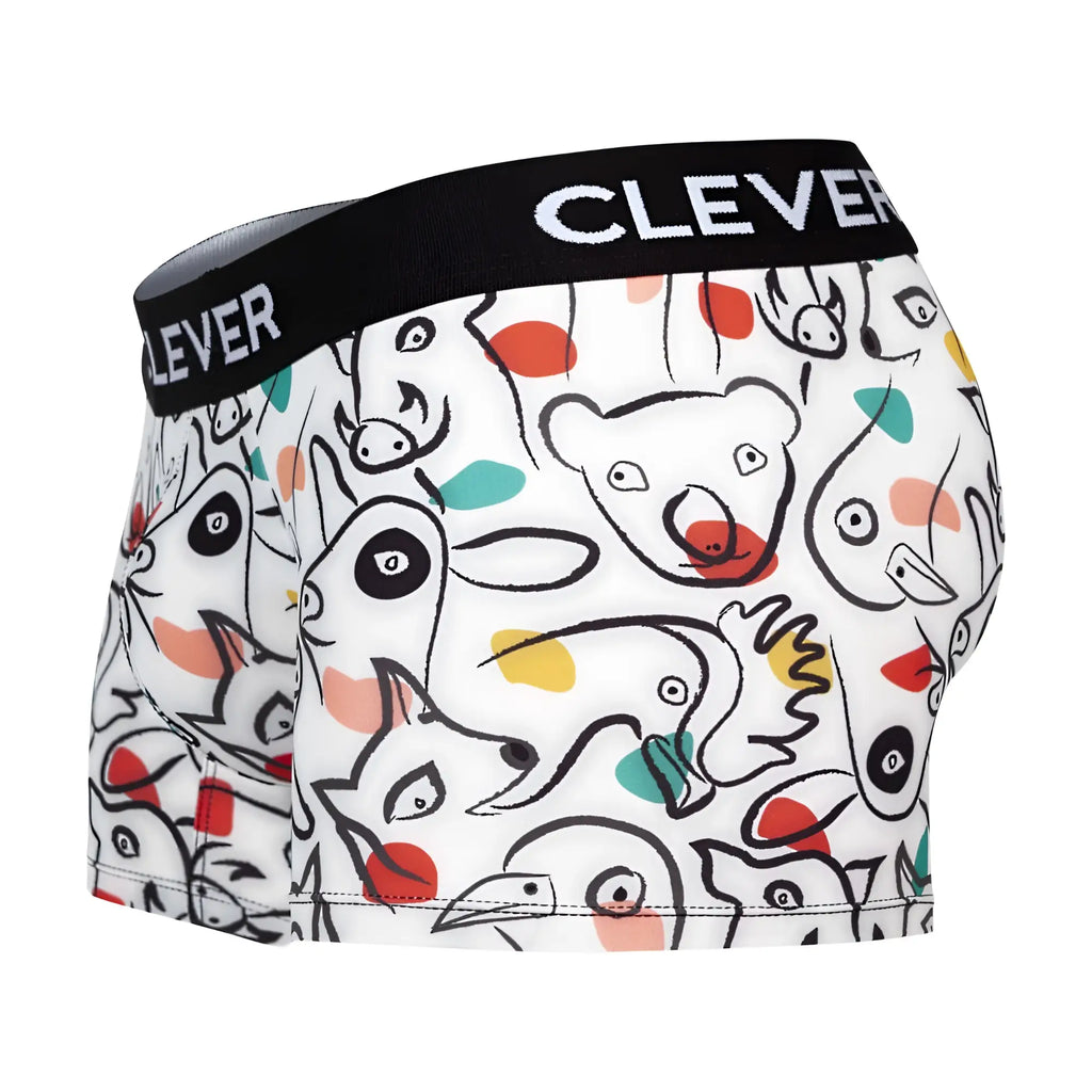 White boxer briefs with playful black animal print and colorful dots elastic waistband with clever branding