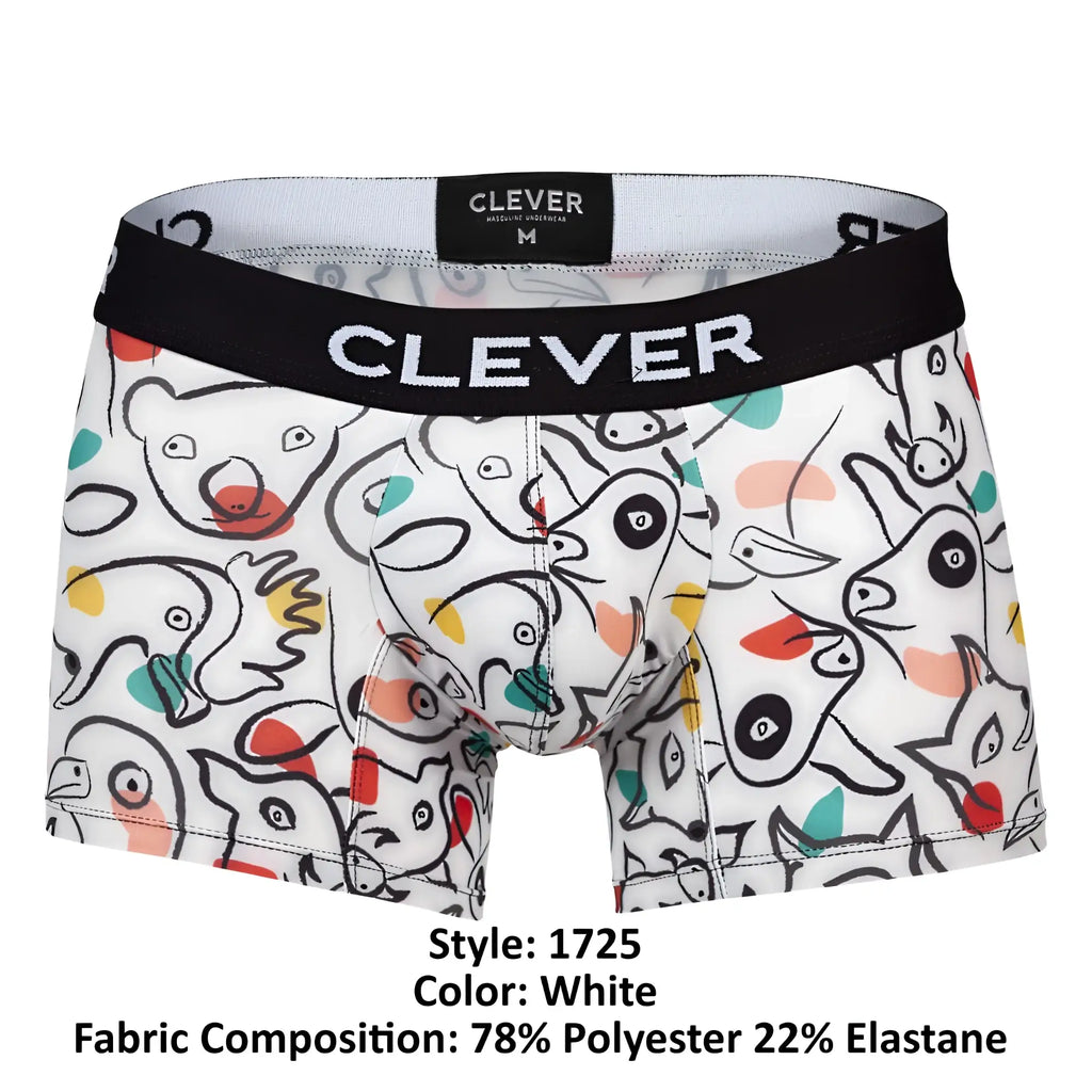 White boxer briefs Clever 1725 Grange trunks feature colorful cartoon animal print with black outlines and red yellow teal accents