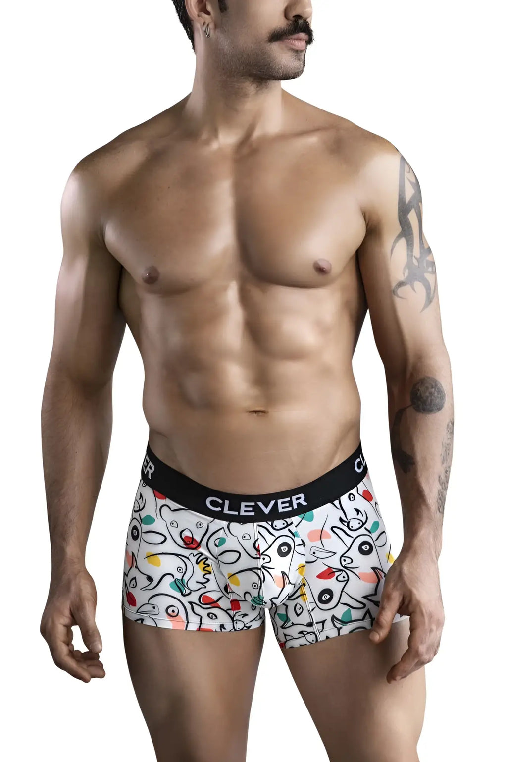 White clever 1725 grange trunks boxer briefs with playful colorful cartoon animal print and black elastic waistband
