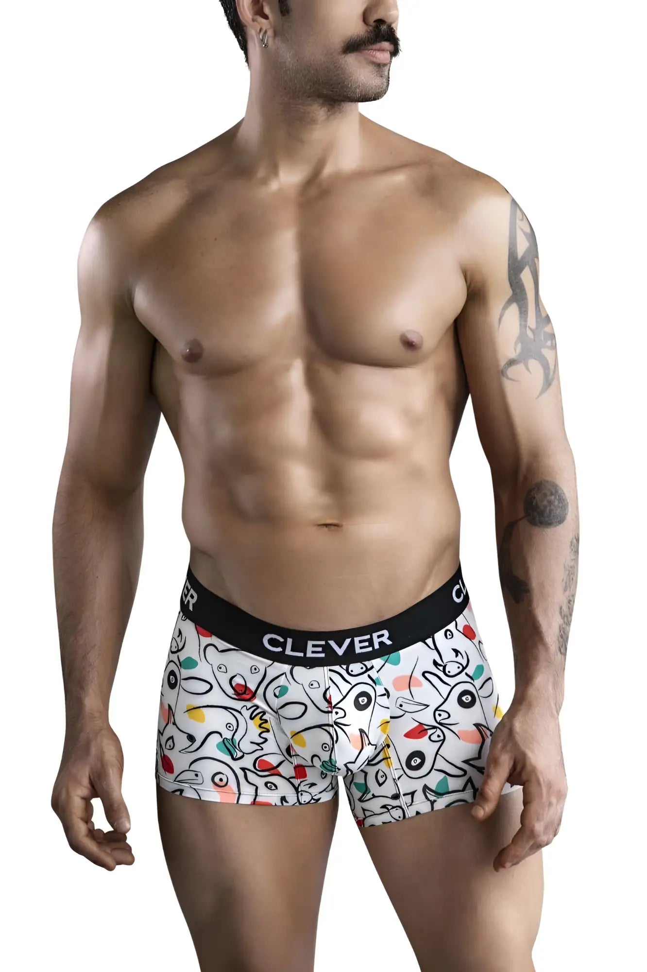 White clever 1725 grange trunks boxer briefs with playful colorful cartoon animal print and black elastic waistband