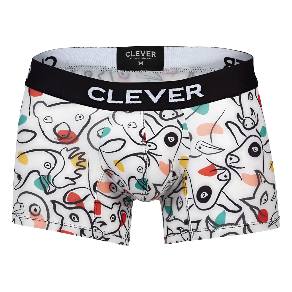 White boxer briefs with colorful cartoon animal print and black elastic clever waistband for comfortable wear