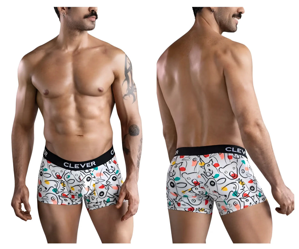 White boxer briefs clever 1725 grange trunks with playful colorful cartoon animal pattern and black elastic waistband