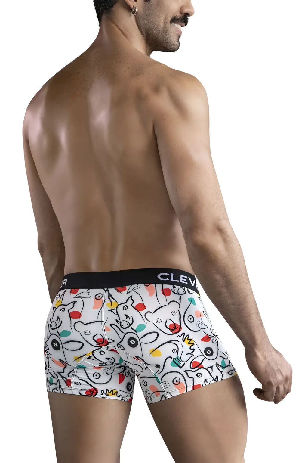 White clever 1725 grange trunks boxer briefs with playful colorful cartoon animal print and black clev waistband