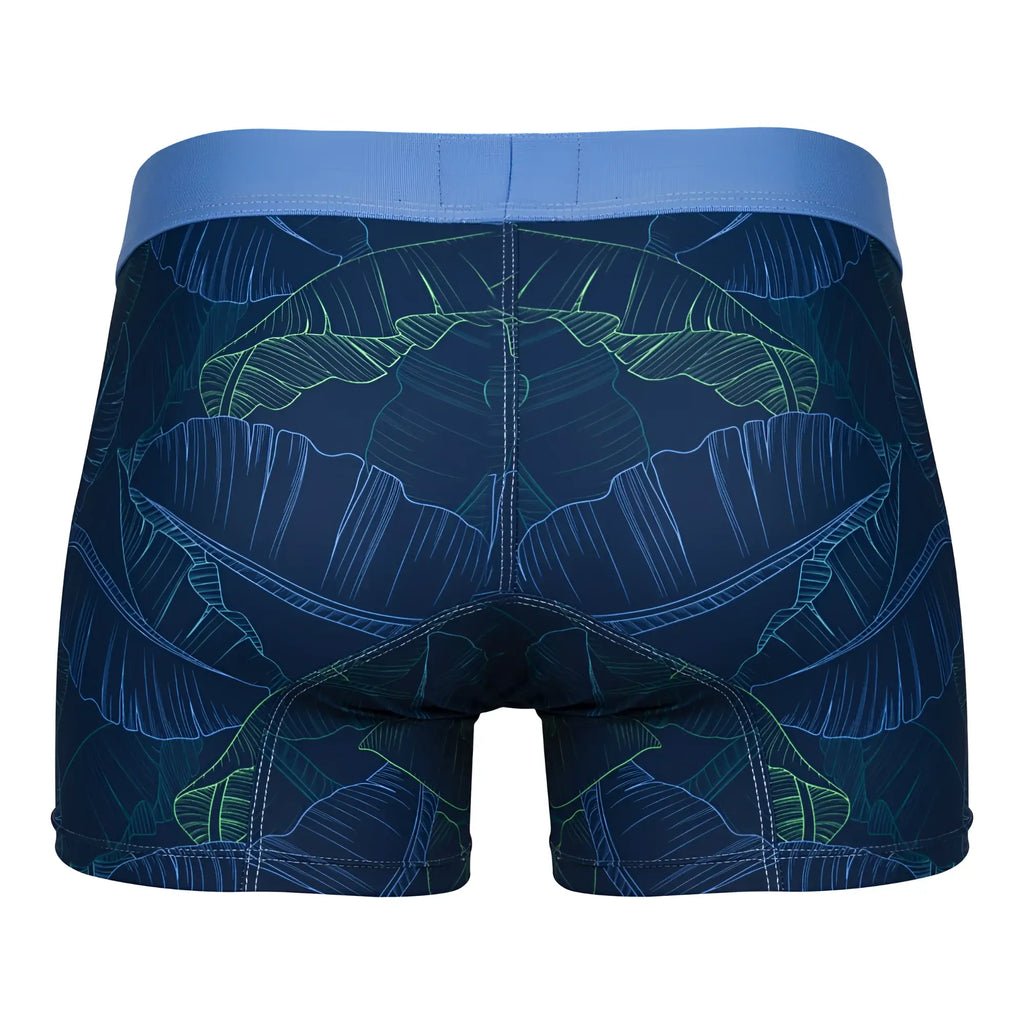 Dark blue clever 1727 shape trunks boxer briefs with glowing green and light blue tropical banana leaf pattern and royal blue waistband