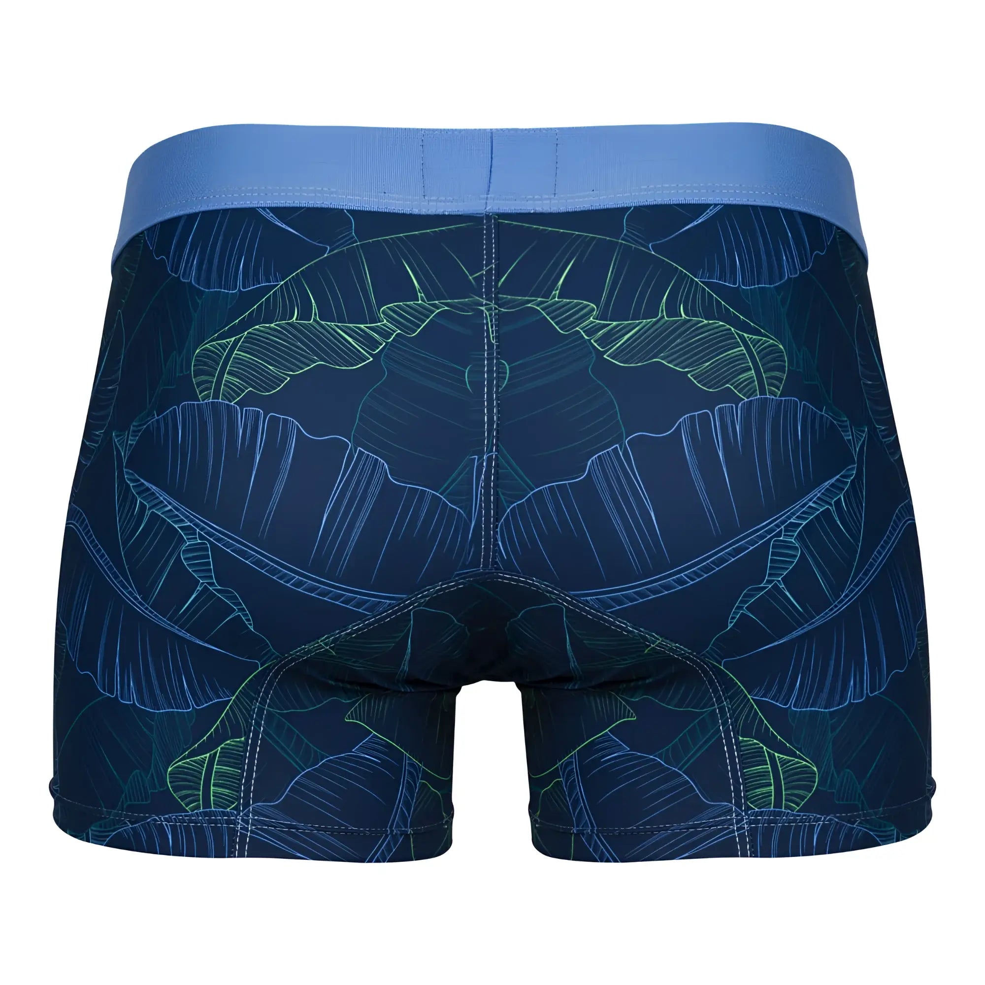 Dark blue clever 1727 shape trunks boxer briefs with glowing green and light blue tropical banana leaf pattern and royal blue waistband