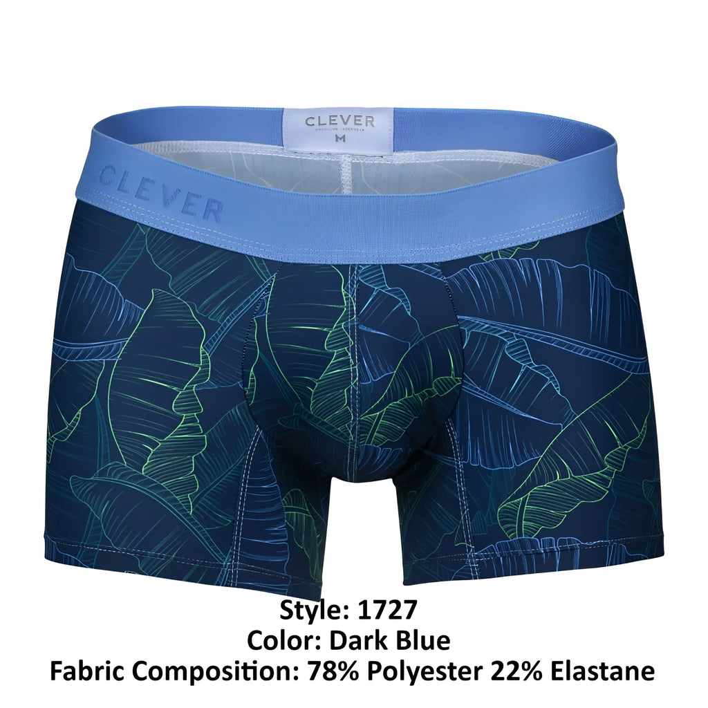 Dark blue clever 1727 shape trunks boxer briefs with glowing green and light blue tropical leaf pattern and branded waistband