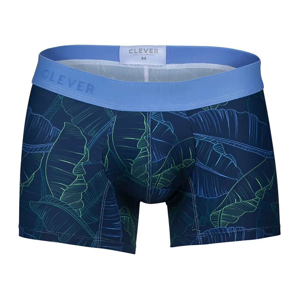 Clever 1727 shape trunks dark blue boxer briefs with blue and green tropical leaf pattern for comfortable wear