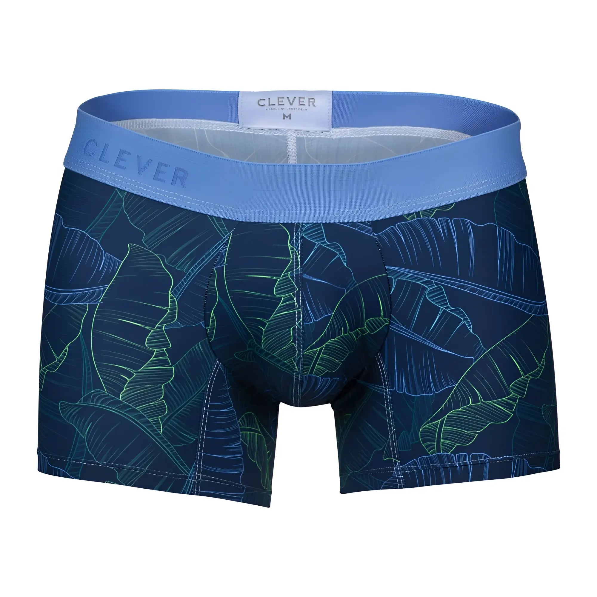Clever 1727 shape trunks dark blue boxer briefs with blue and green tropical leaf pattern for comfortable wear