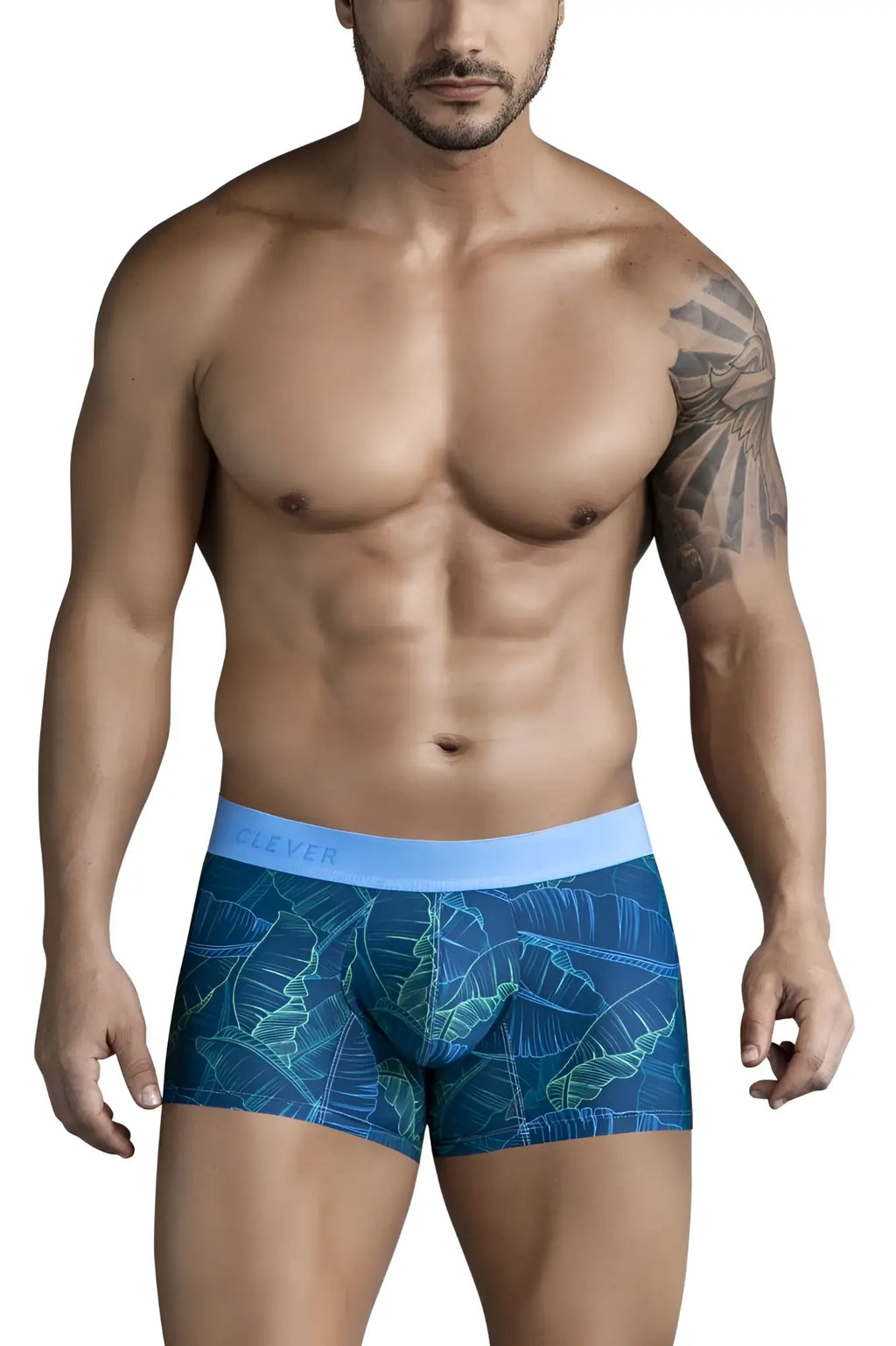 Blue tropical leaf-patterned clever 1727 shape trunks boxer briefs with light blue waistband in dark blue color