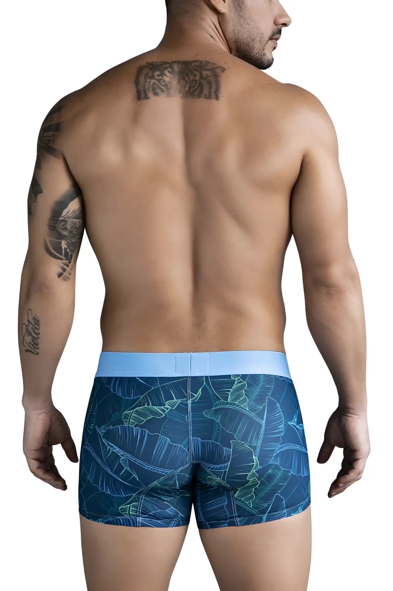 Blue tropical leaf-patterned boxer briefs with light blue waistband clever 1727 shape trunks dark blue color
