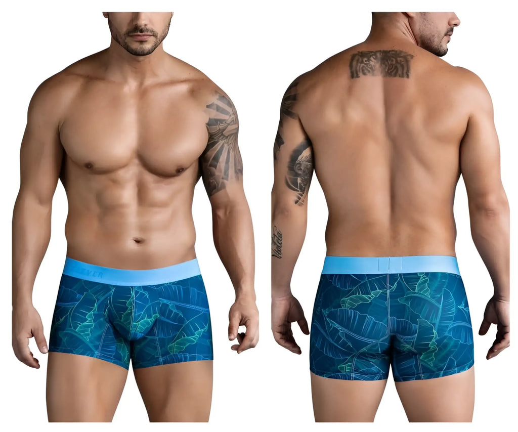 Blue tropical leaf-patterned clever 1727 shape trunks men’s boxer briefs with light blue elastic waistband