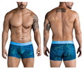 Blue tropical leaf-patterned clever 1727 shape trunks men’s boxer briefs with light blue elastic waistband