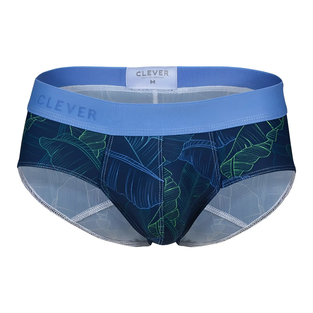 Blue and green tropical leaf patterned men’s briefs by clever in dark blue shape design for comfortable daily wear