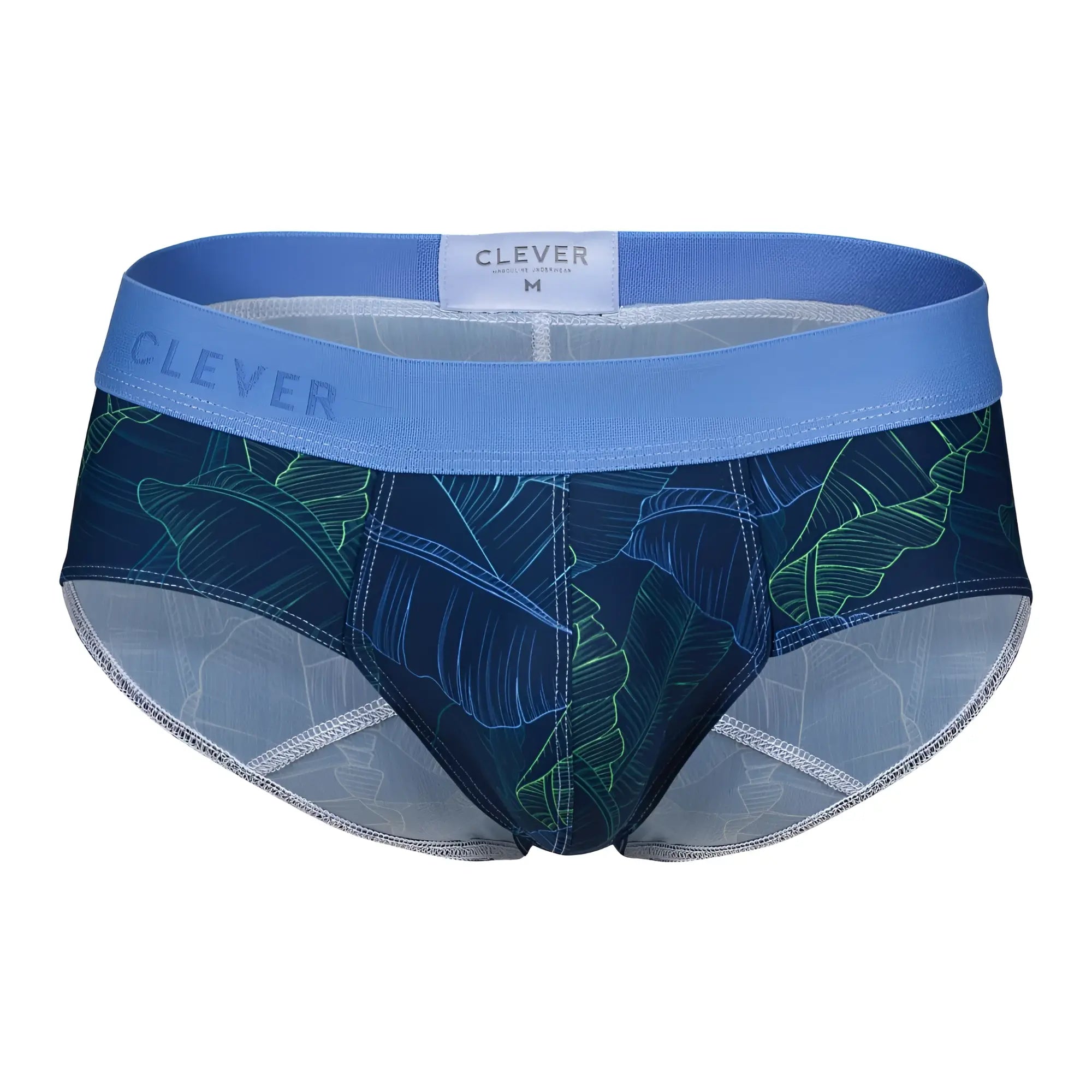 Blue and green tropical leaf patterned men’s briefs by clever in dark blue shape design for comfortable daily wear