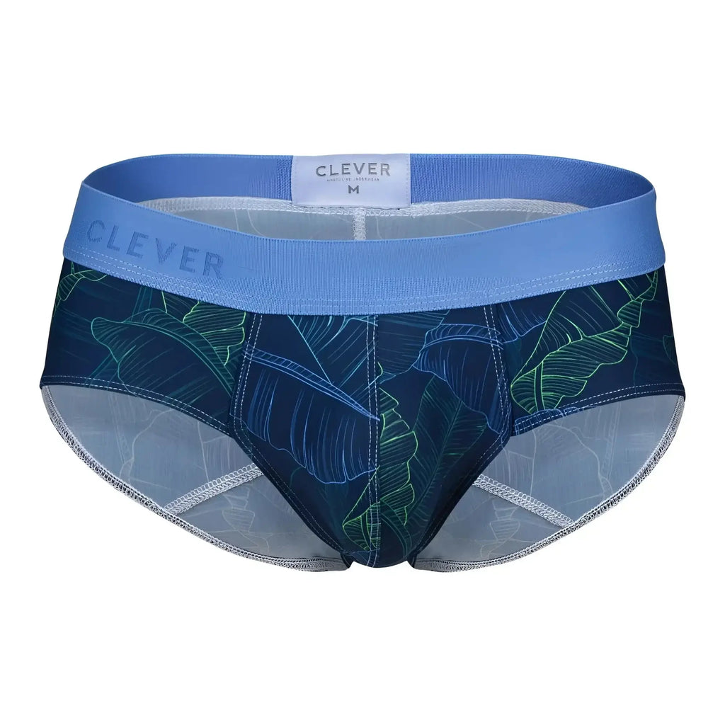 Blue and green tropical leaf patterned men’s briefs by clever in dark blue shape design for comfortable daily wear