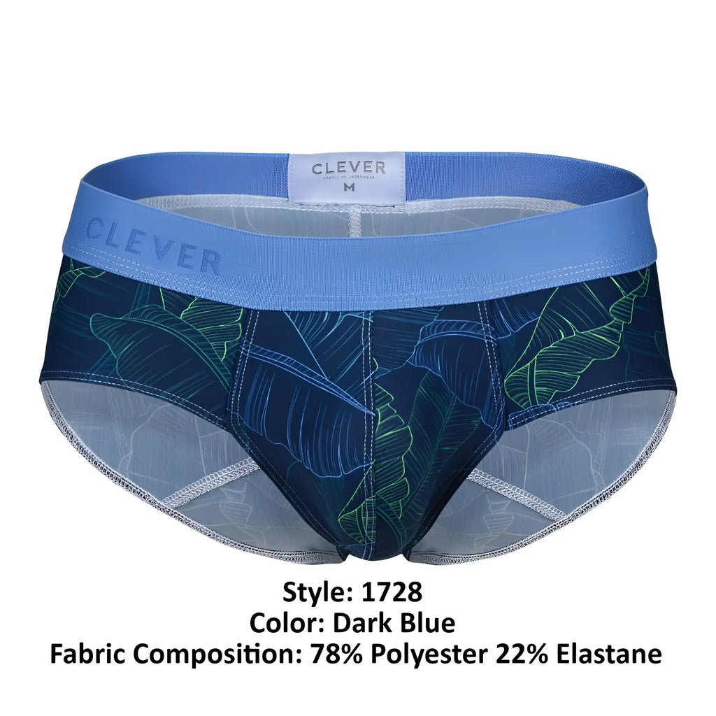 Dark blue clever 1728 shape briefs with tropical leaf pattern made of 78 polyester 22 elastane with branded waistband