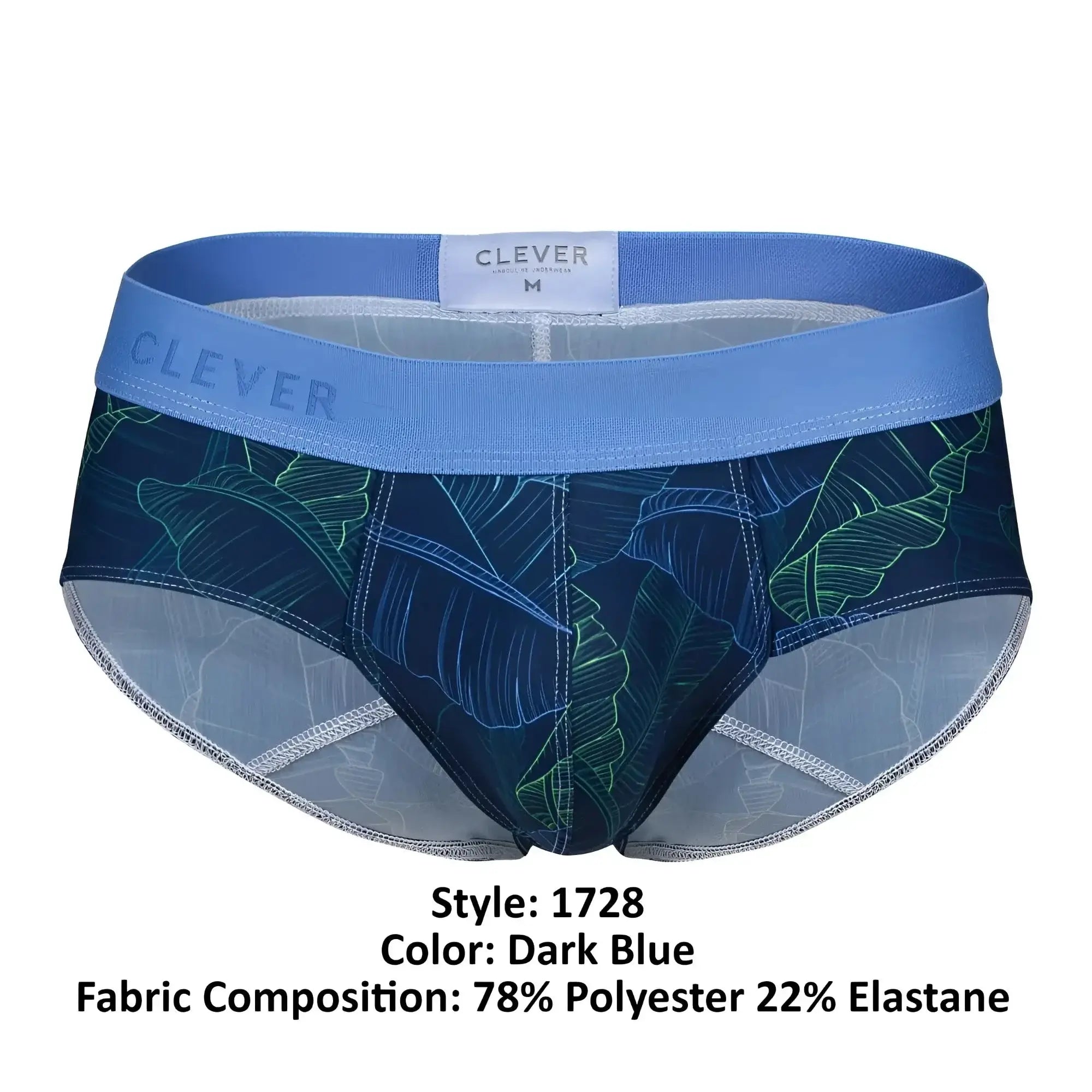 Dark blue clever 1728 shape briefs with tropical leaf pattern made of 78 polyester 22 elastane with branded waistband