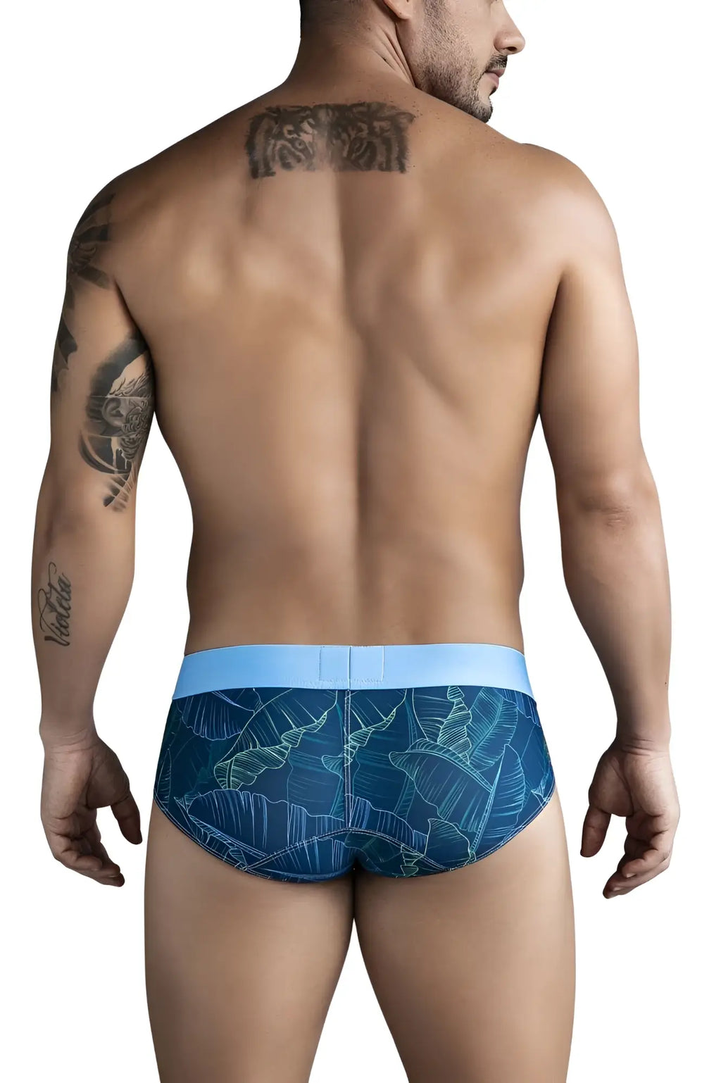 Clever 1728 shape briefs in dark blue with blue tropical leaf pattern and light blue waistband for comfortable fit