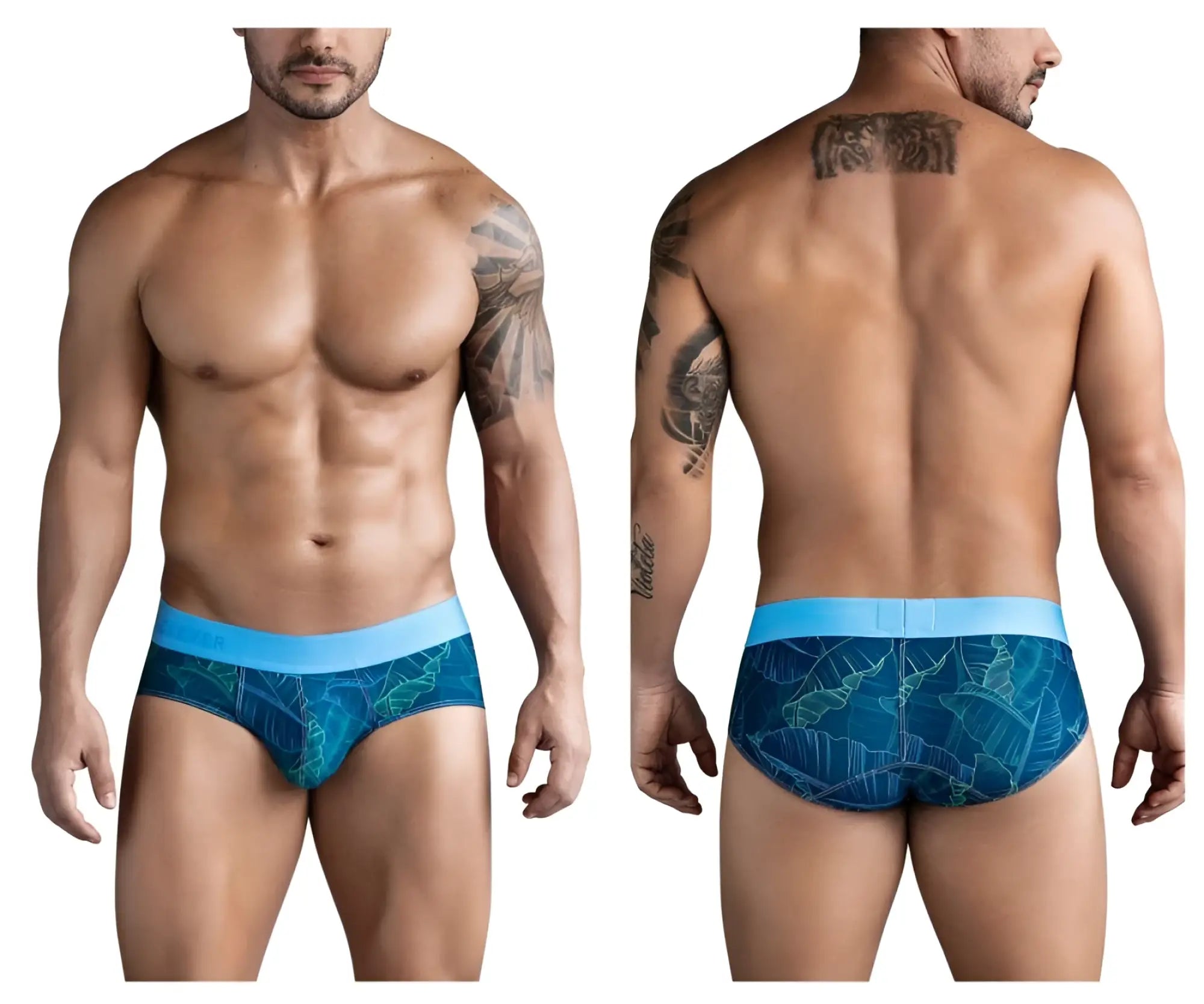 Clever 1728 shape briefs in dark blue with blue tropical leaf pattern and light blue waistband for comfortable fit