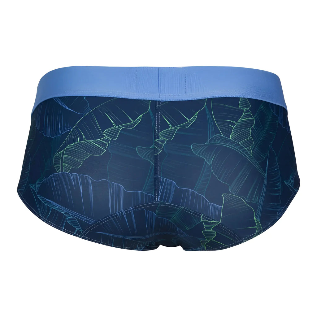 Dark blue clever 1728 shape briefs with blue tropical leaf pattern and solid waistband for men