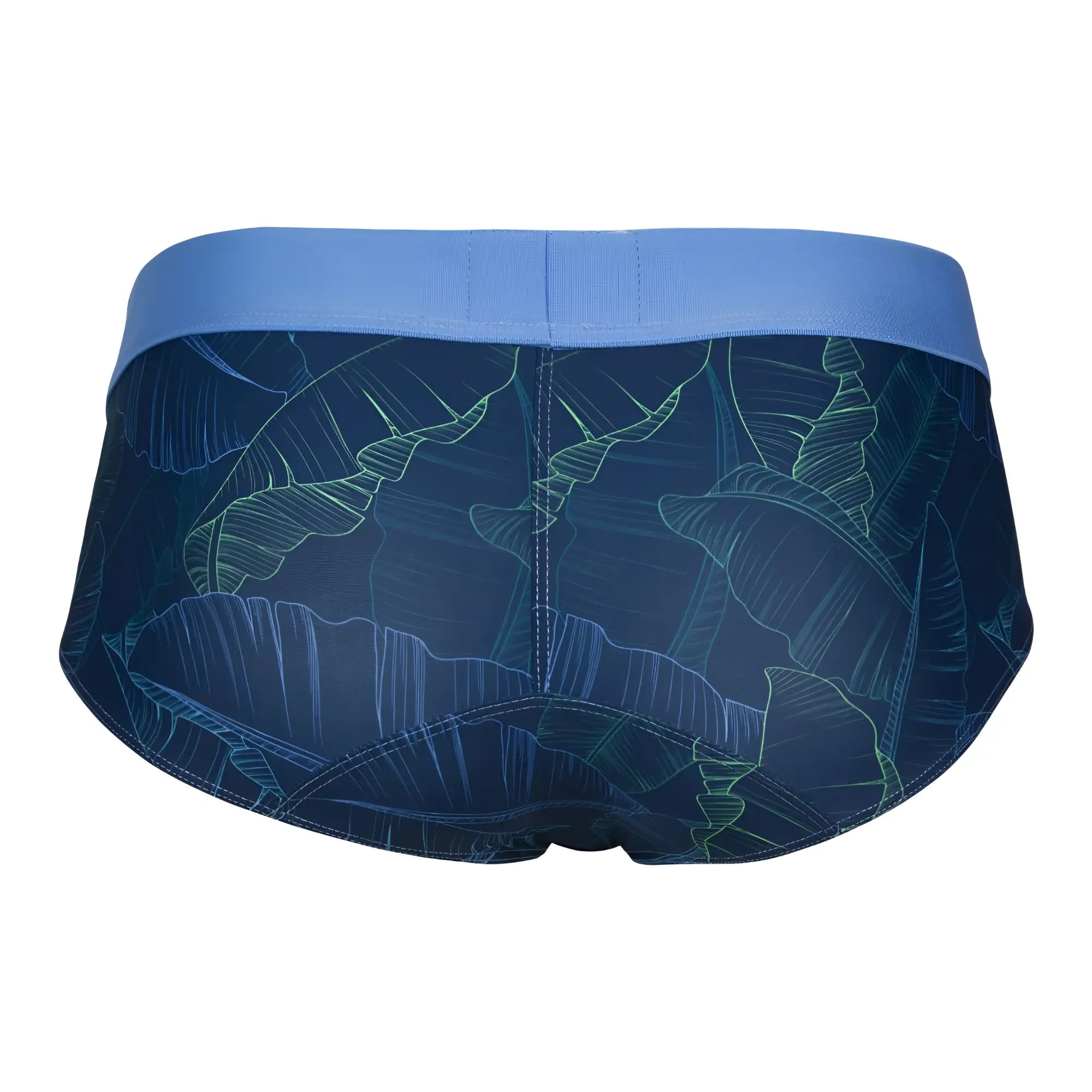 Dark blue clever 1728 shape briefs with blue tropical leaf pattern and solid waistband for men
