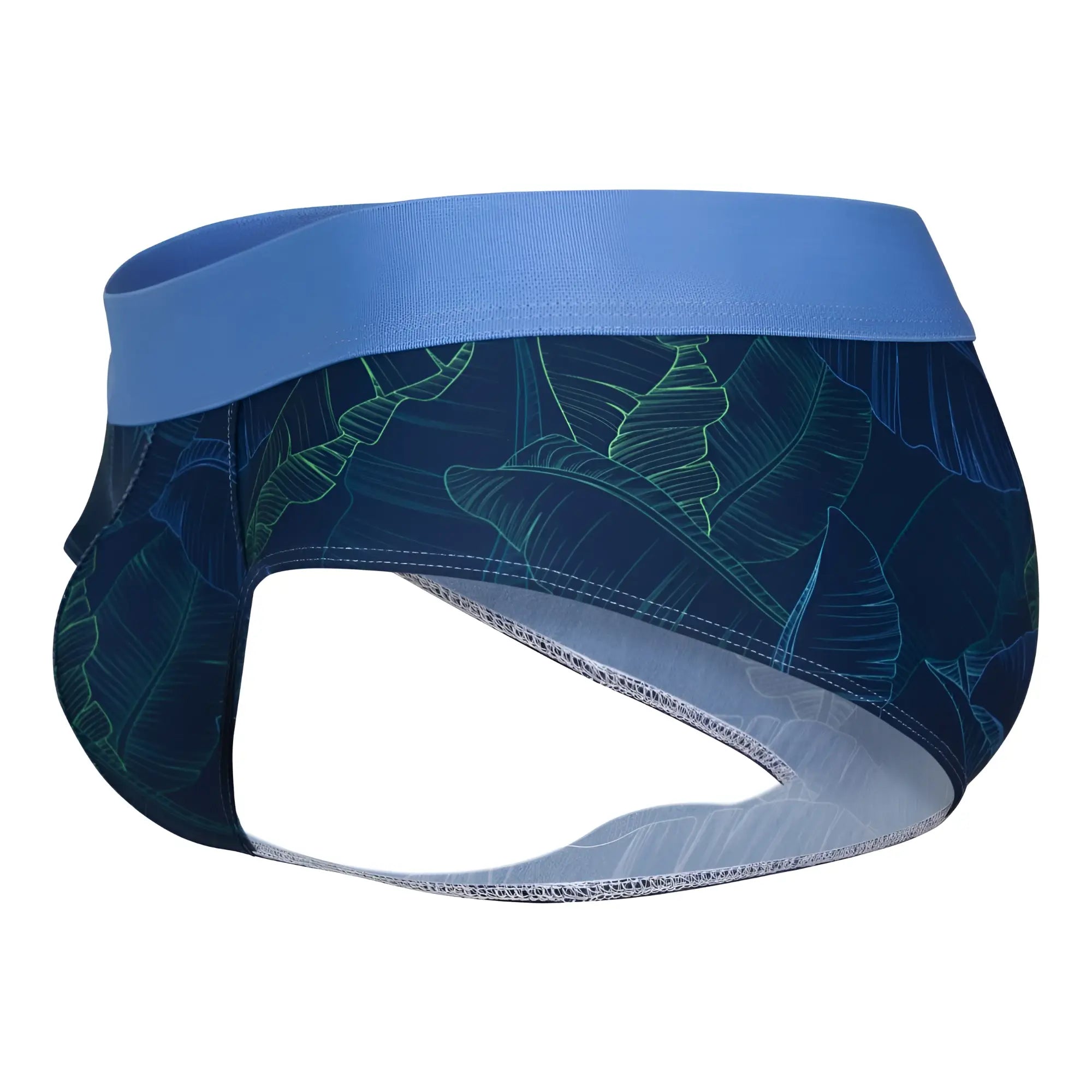 Blue waistband men’s briefs in dark navy with glowing green banana leaf pattern from clever 1728 shape briefs collection