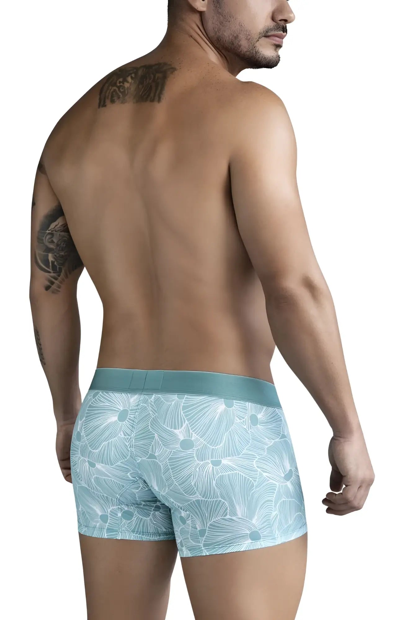 Light blue boxer briefs with delicate white floral pattern and matching waistband from clever 1729 rose trunks green collection