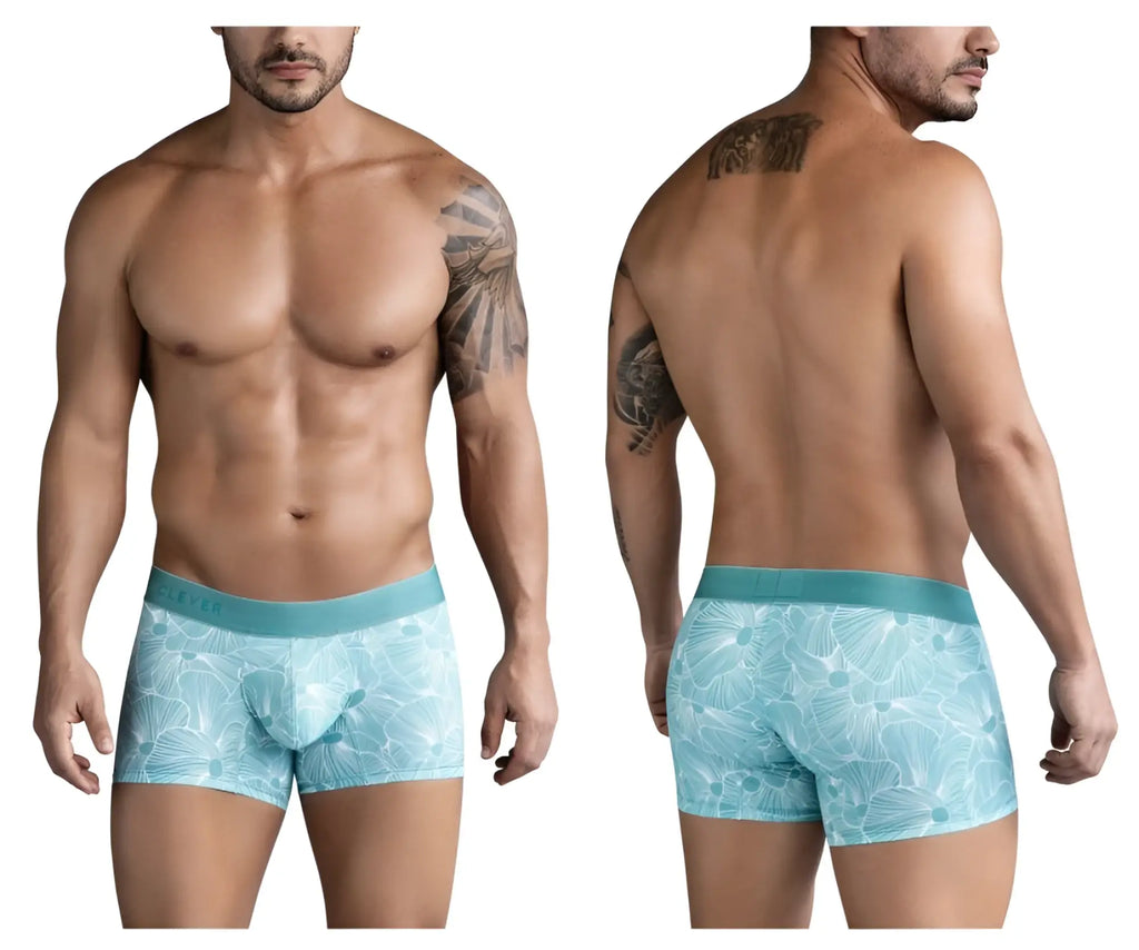 Light blue Clever 1729 Rose trunks boxer briefs with subtle white leaf pattern and solid teal waistband